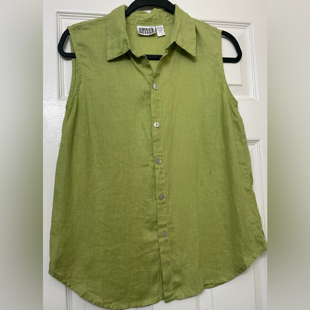 Chico's Design Blouse Lime Green Sleeveless  100% Linen Size  1 Medium